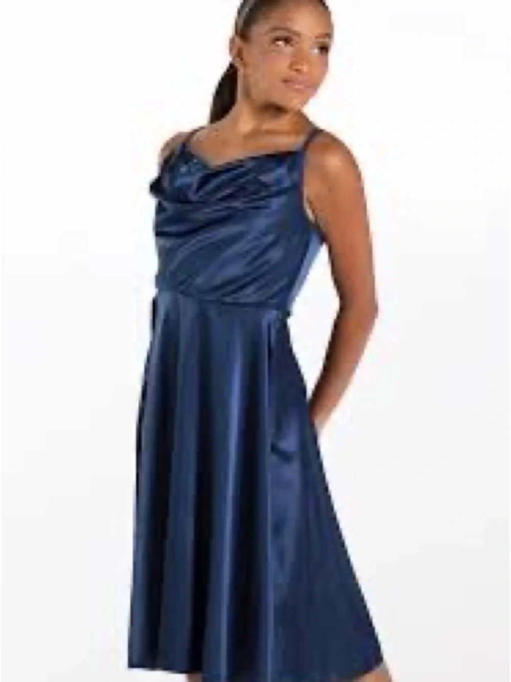 Weissman Navy Satin Cowl Neck Midi Dress 0142
